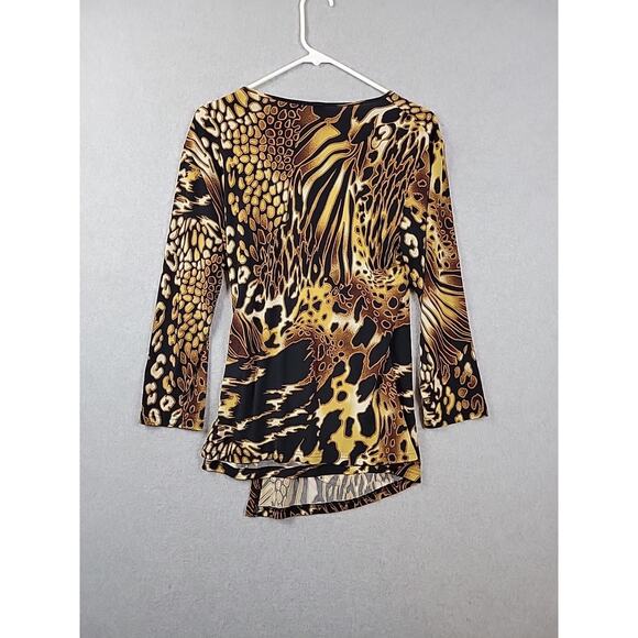 Spense Brown Animal Print LS Faux Wrap V Neck Blouse Women's Large Stretch - Picture 6 of 11